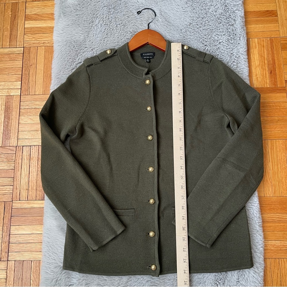 TALBOTS Military Jacket Cardigan Green Gold Buttons 100% Metino Wool - Picture 7 of 8